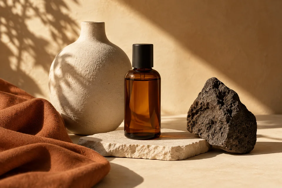 Bodegón conceptual de producto con botella de vidrio ámbar, cerámica y piedra